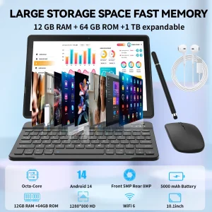 10.1 Inch Android 14 Tablet 12GB RAM 64GB ROM Face Unlock